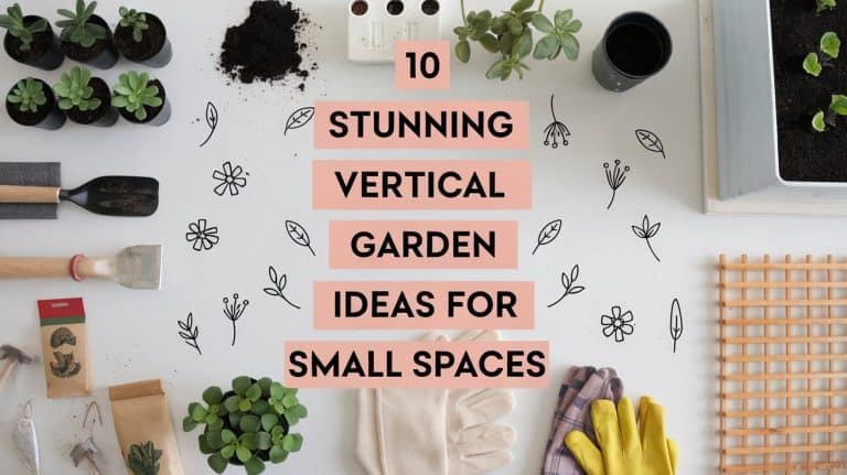 Gardening tools, gloves, plants, and soil arranged around text reading 10 Stunning Vertical Garden Ideas for Small Spaces on a light background with doodles of leaves and flowers.